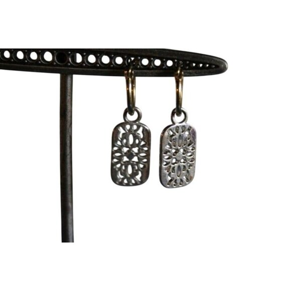 Vintage Gold & Silver Rectangular Dangle Earrings With Filigree Design - Picture 4 of 6